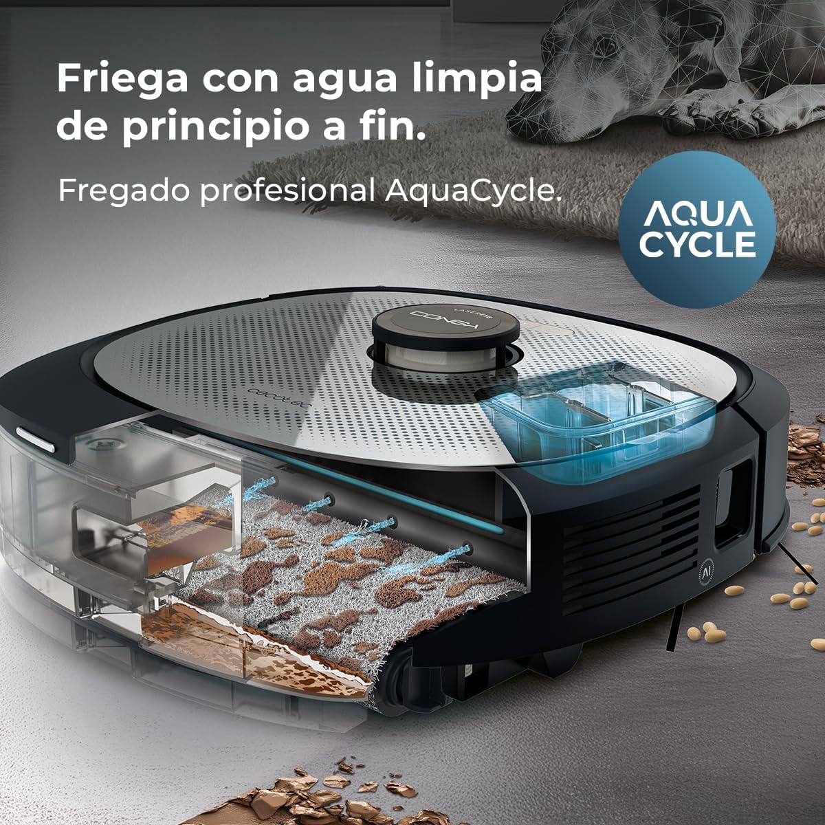 Secció transversal view of the Cecotec Conga Z100 robot vacuum showing the AquaCycle mopping system with clean and dirty water tanks.