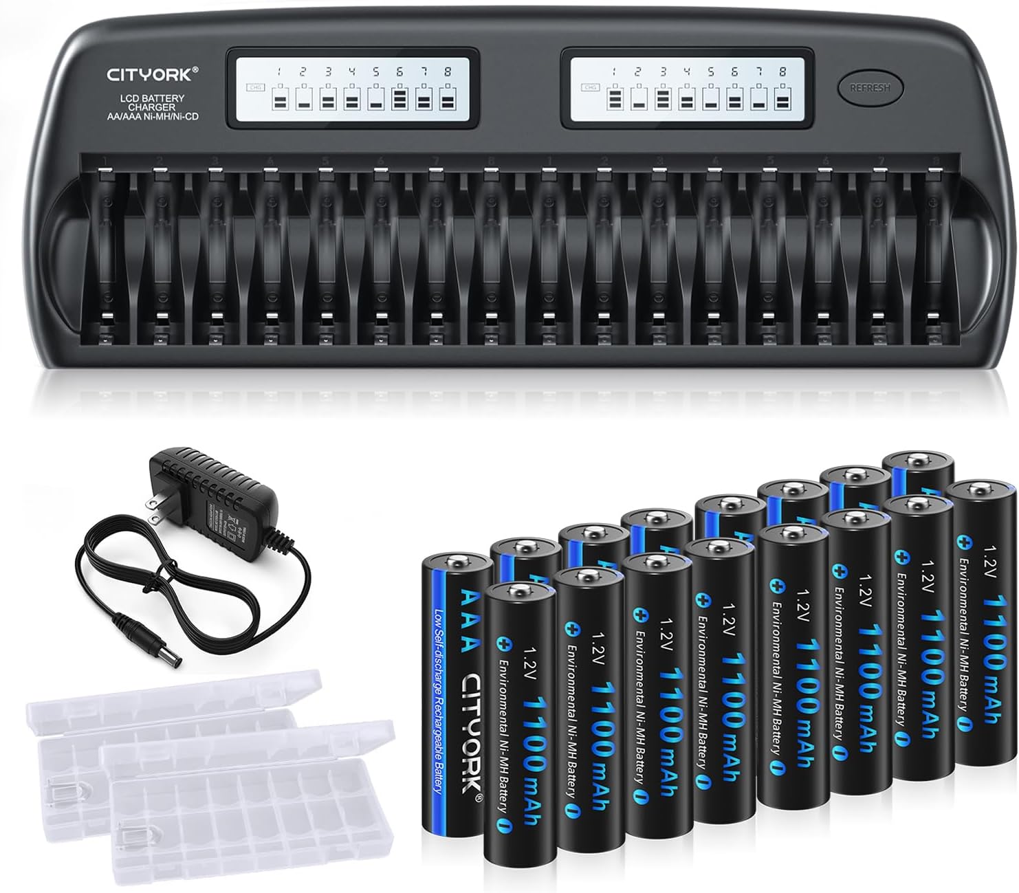16 Pack Rechargeable AAA Batteries with Charger, 16 Bay AA AAA Battery Charger with Discharge Function Smart LCD Display with 1100mAh High Capacity Pre-Charged Low Self-Discharge Triple A Batteries