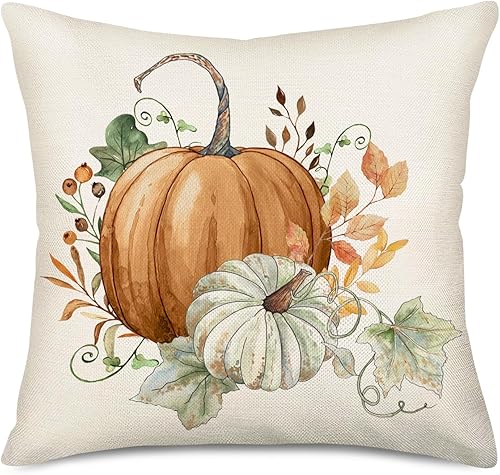 Fundas de almohada decorativas de otoño de calabaza de 22 x 22 pulgadas, calabaza naranja y hojas de arce, fundas de almohada de cosecha de otoño,
