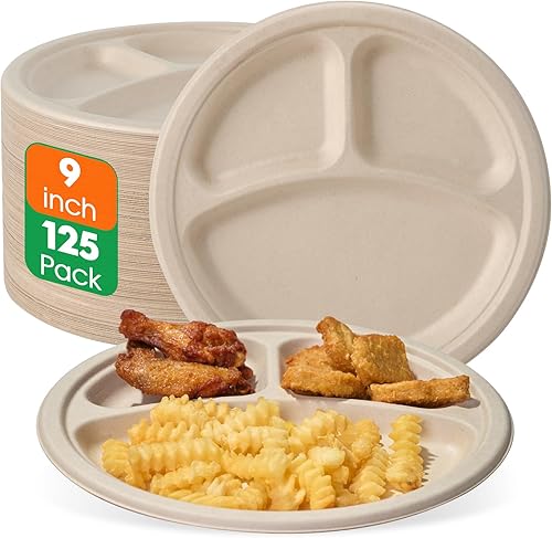 ECOLipak Paquete de 125 platos compostables con 3 compartimentos, platos de papel desechables resistentes de 8.85 pulgadas, platos divididos