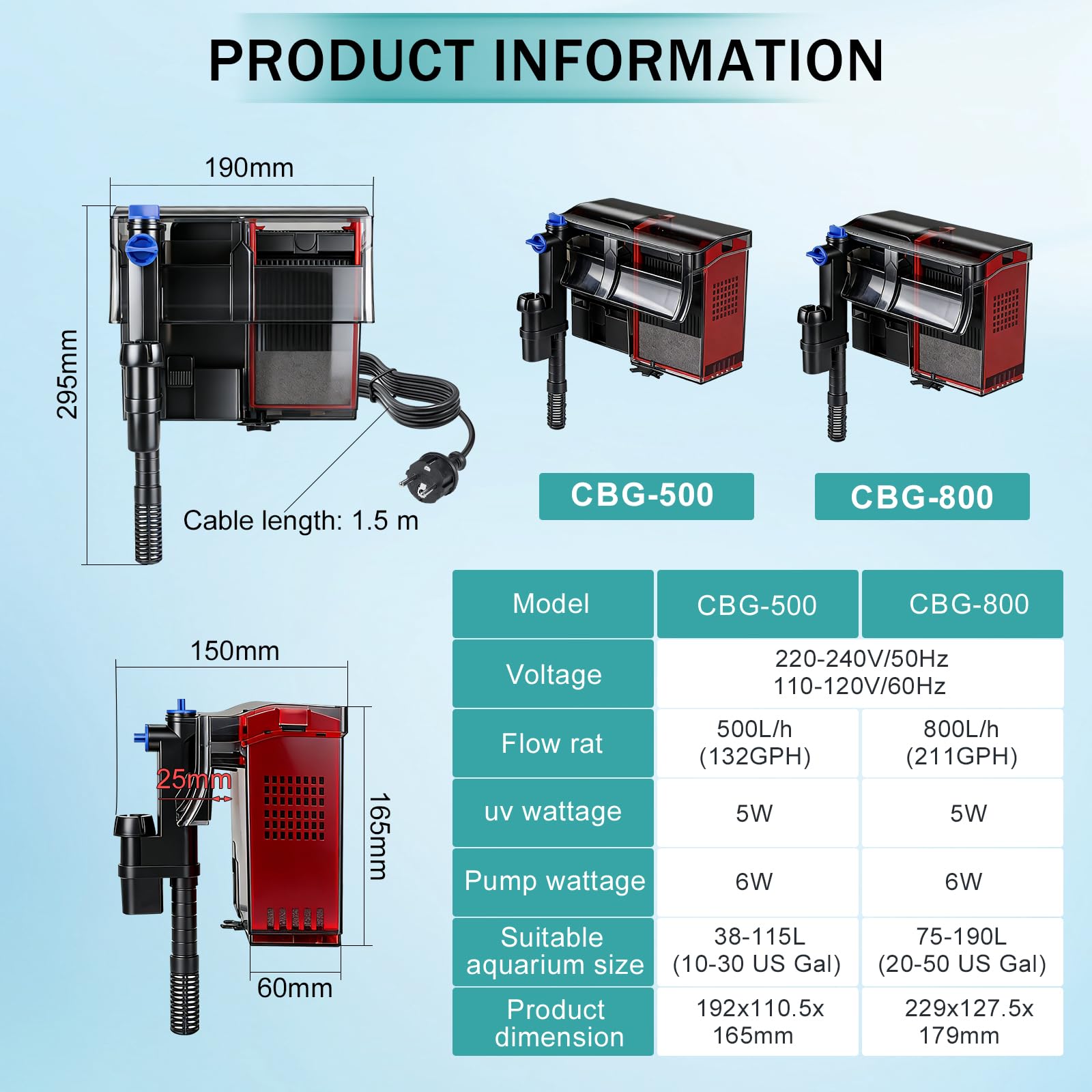 EXLECO Filtro Acquario Esterno a Zaino 6W 800L/H, con Lampada UV, Pompa Acqua, Skimmer e Spugna di Ricambio, Mini Completi per Acquari: 75-190L, Tartarughe d’Acqua – con Cannolicchi e Carbone Attivo