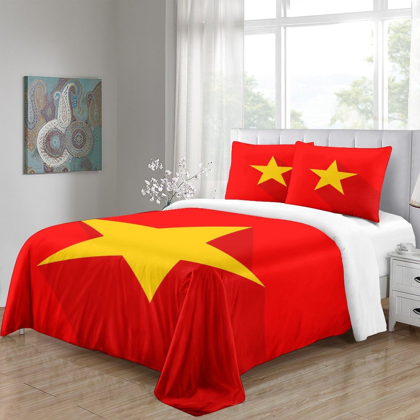 Bandiera del Vietnam Copripiumino 3D Con Stampa, Set Biancheria Da Letto 3 Pcs Set Copripiumino Microfibra Ipoallergenico Per,Bandiera nazionale in Ragazzi E Ragazze Double（200x200cm）