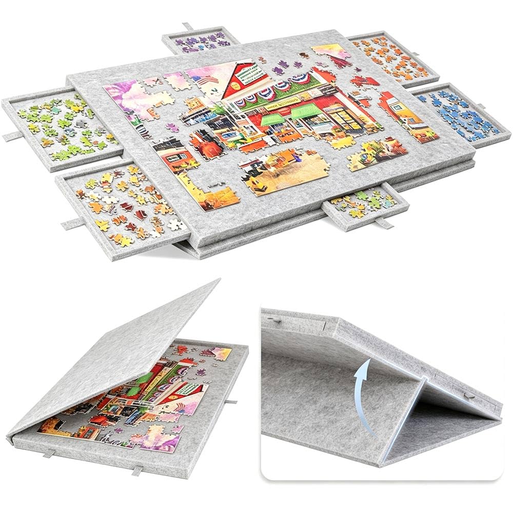 Jigsaw puzzle board with 6 drawers, suitable for 1,000-piece puzzles (Silver gray)