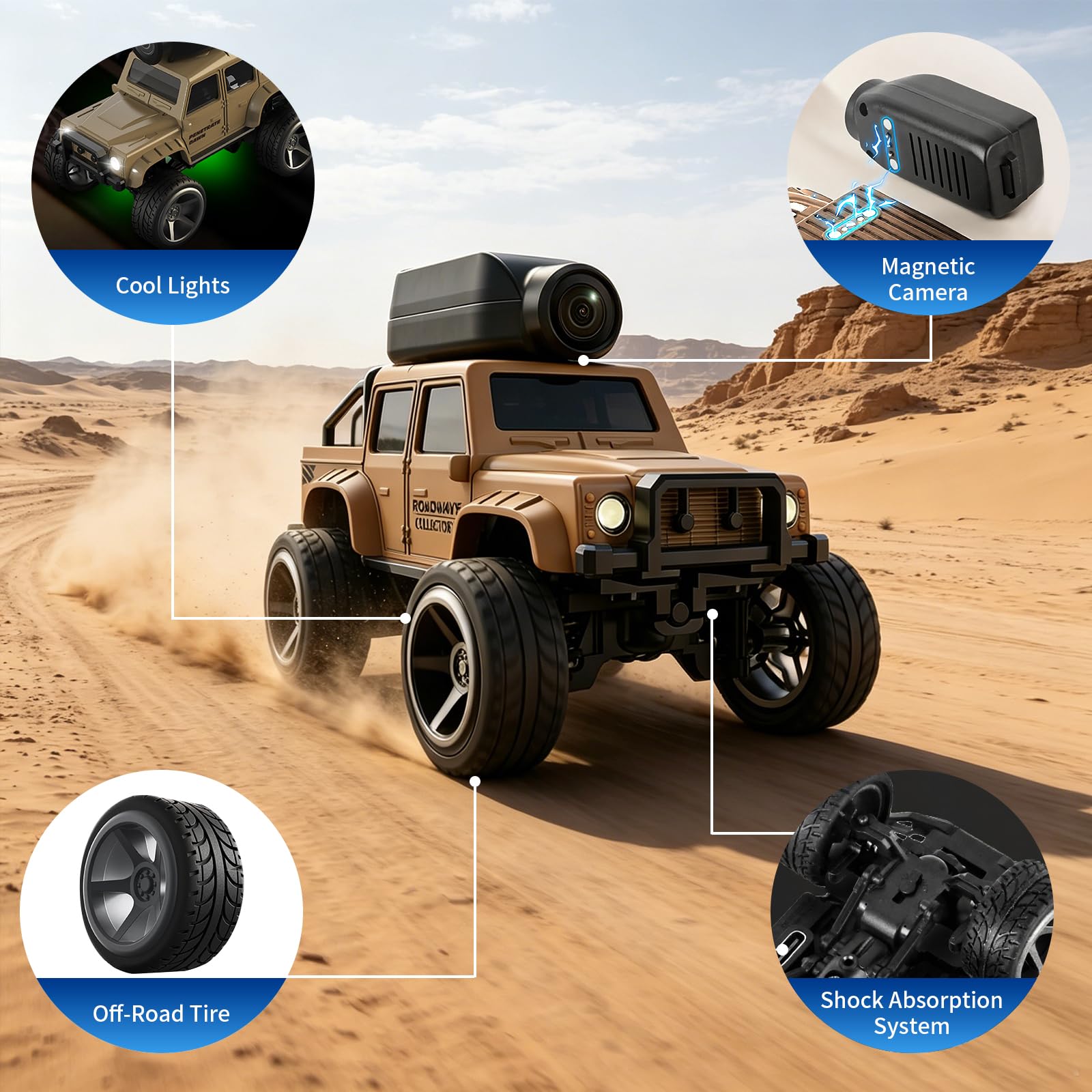 Coche Teledirigido con HD Cámara,2,4 GHz RC Truck, Control de Aplicación | Transmisión WiFi de Fotos, 2 Modos de Velocidad, Cámara Extraíble, Cuerpo de Aleación, para Niños y Adultos