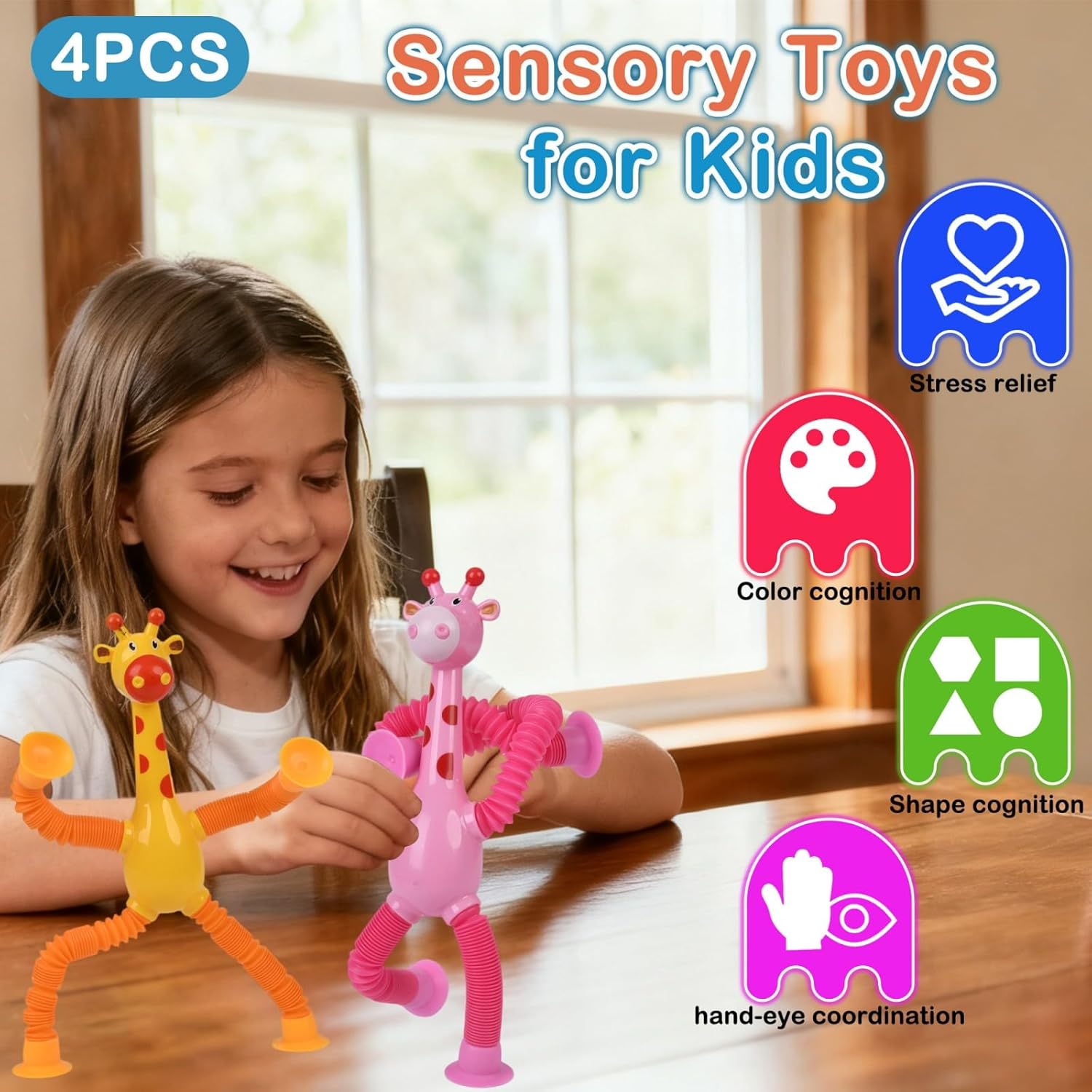 Pop Tubes Fidget Toys, 4-Pack Telescopic Suction Cup Toy for Kids Toddlers, Animal Autism Sensory Toy for Boys Girls, Funny Stocking Stuffers for Christmas Birthday Gift (Giraffe)