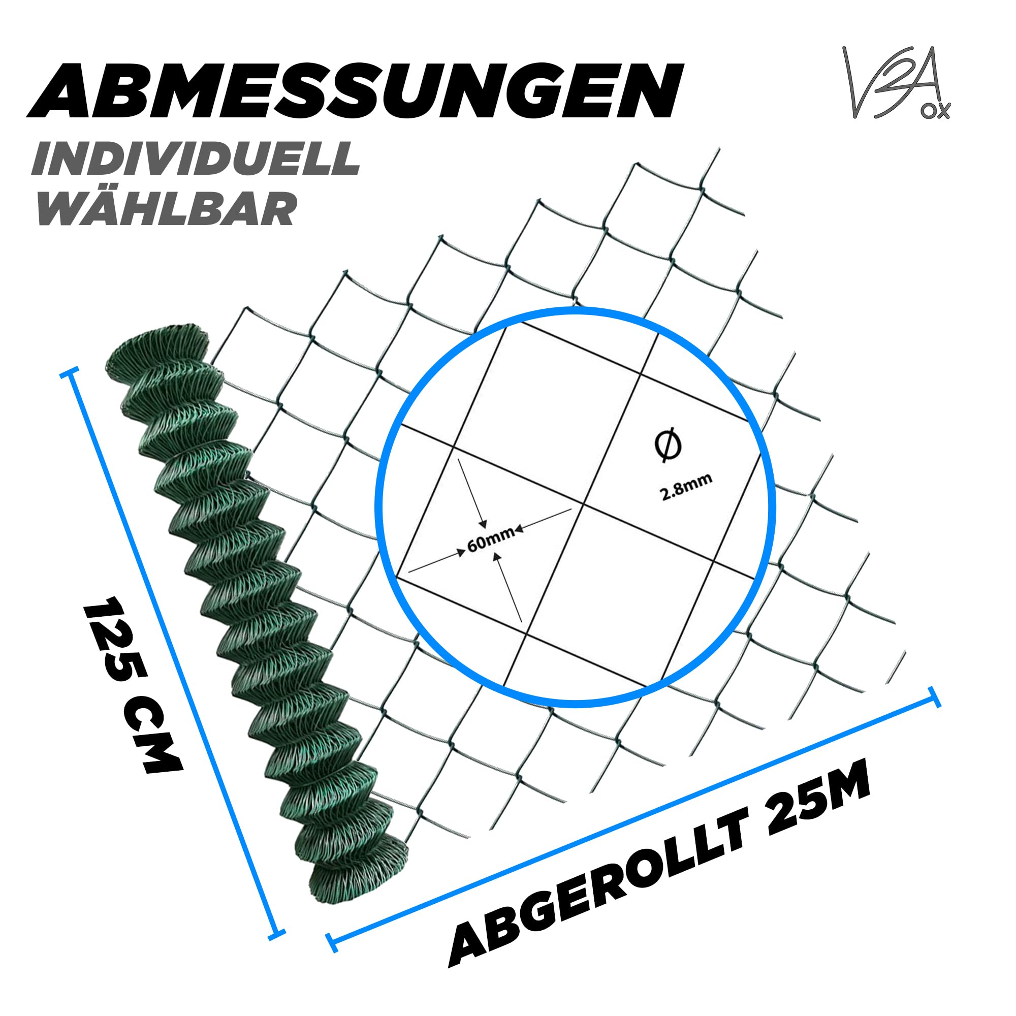 PVC-ummantelter Maschendrahtzaun in grün, Draht Ø 2,8 mm, Maschenweite 60 x 60 mm, Viereckgeflecht,