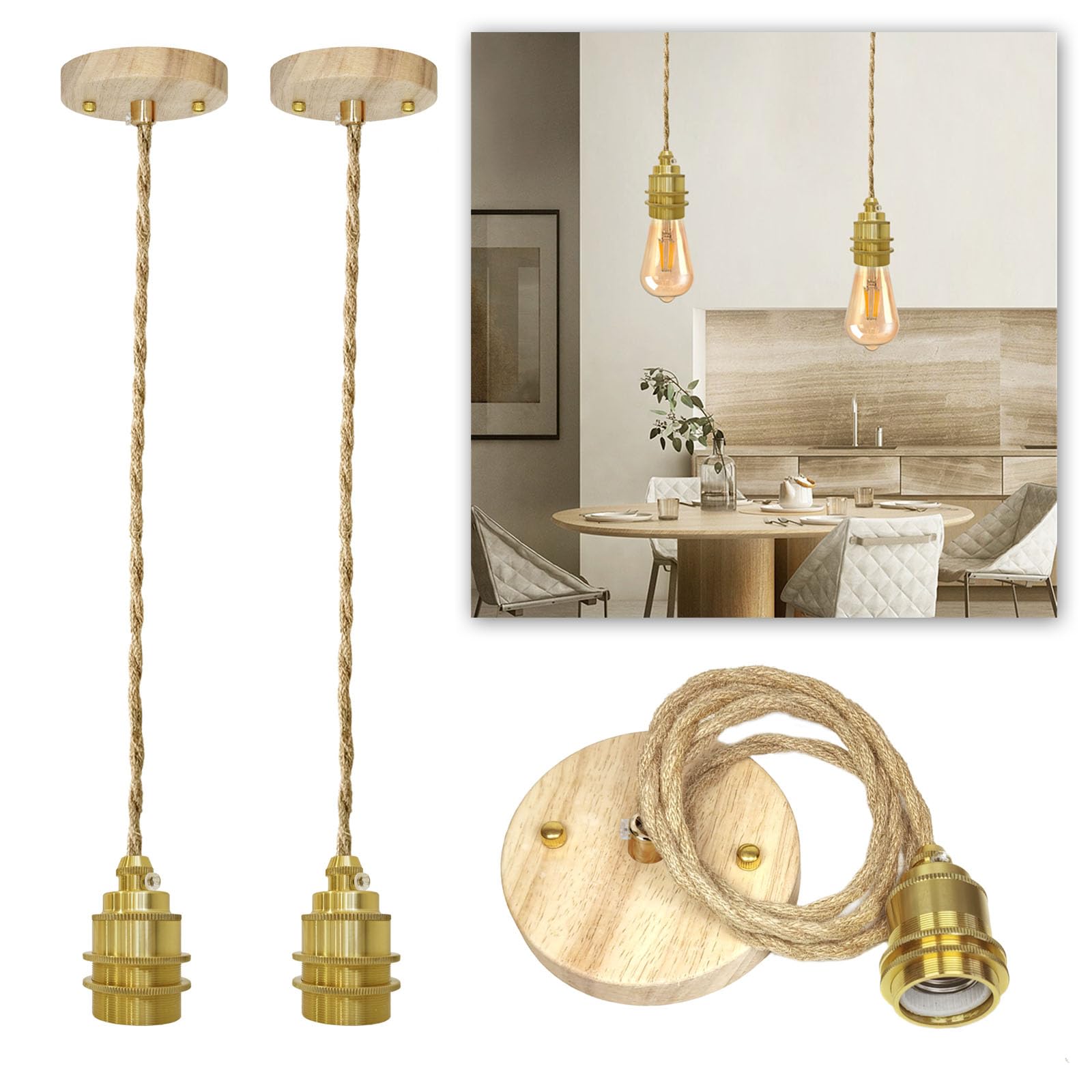 Holz Vintage E27 Lampenaufhängung, Retro Hanfseillampe Hängelampe mit 120CM Kabel Höhenverstellbar Pendelleuchte, DIY Hängeleuchte für Esstisch Küche Wohnzimmer Deckenbeleuchtung(Ohne Glühbirne)