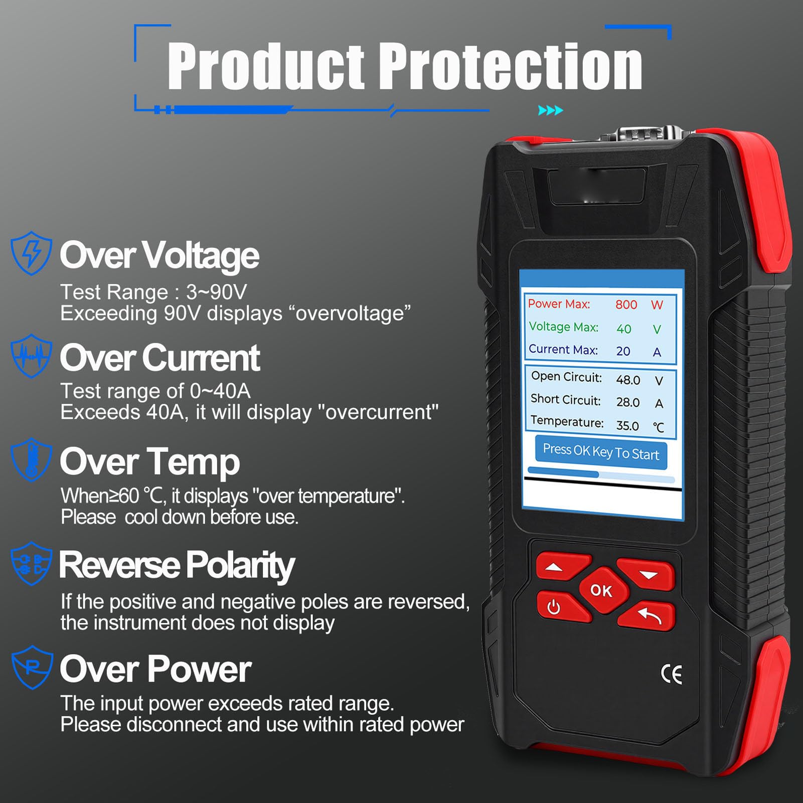 Jectse Misuratore MPPT per Tester per Pannelli Solari da 2000 W, Misuratore di Test Fotovoltaico Professionale da 90 V 40 A, con Blocco Dati Retroilluminato, Display Curva MPPT