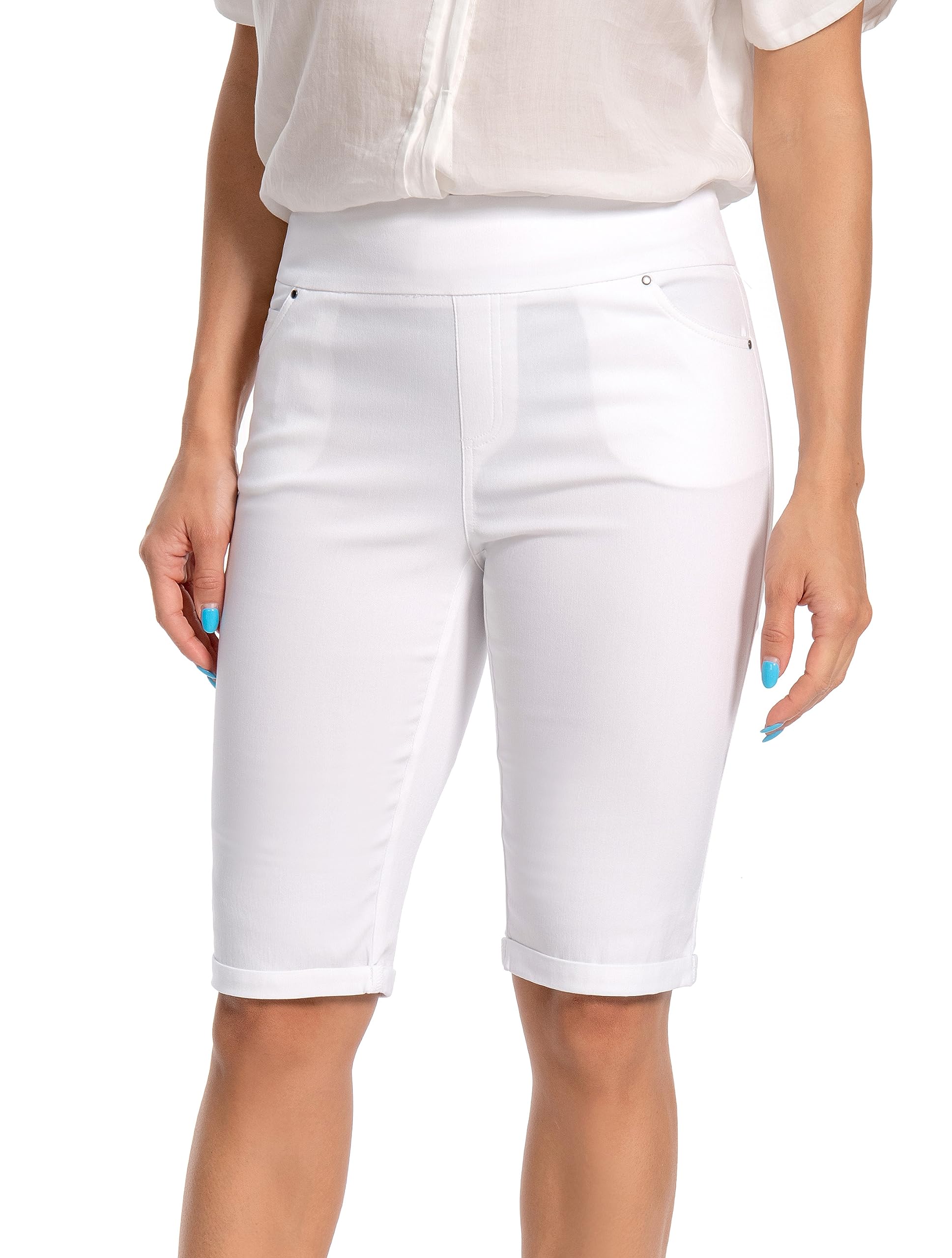 Jenna Rose Womens Stretch Bermuda Shorts 5-Pocket Cuffed Hem Mid-Length Skimmer Perfect for Summer Casual Work Wear
