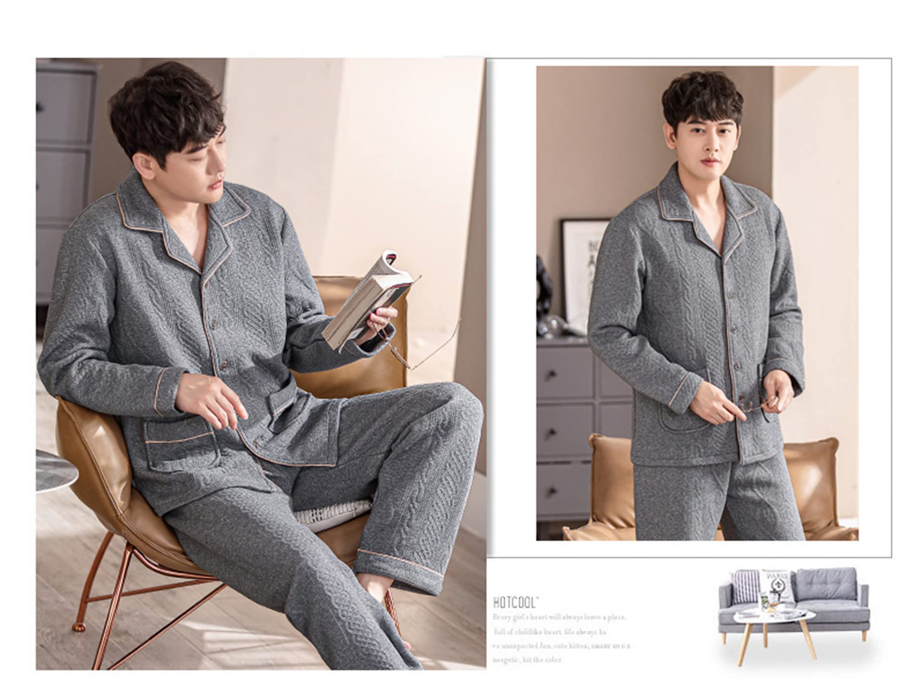 Conjunto de Pijama de 2 Piezas con Cuello en V y Solapa de algodón Grueso para Hombre Conjunto de Pijama de Manga Larga de Talla Grande con Botones Entre Capas