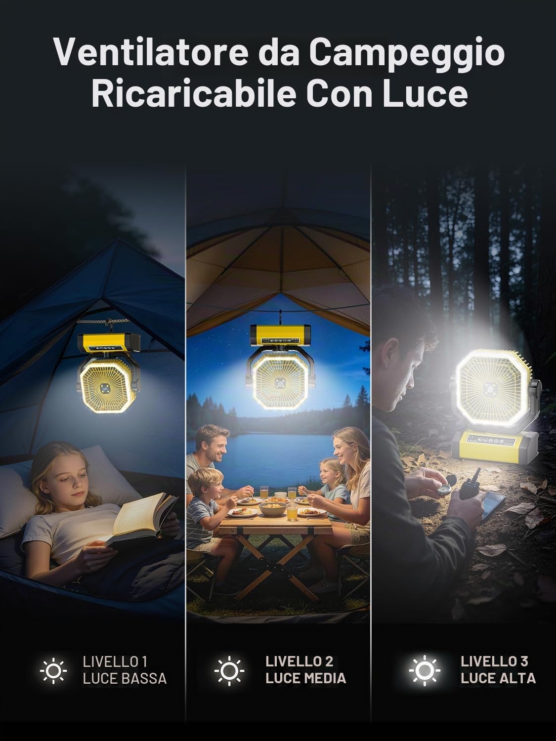 Ventilatore da tenda - Ventilatore da 9 pollici a batteria per il campeggio, 24000mAh 60h, ventilatore portatile ricaricabile con luce, telecomando, 4 velocità, 4 timer, testa oscillante, giallo