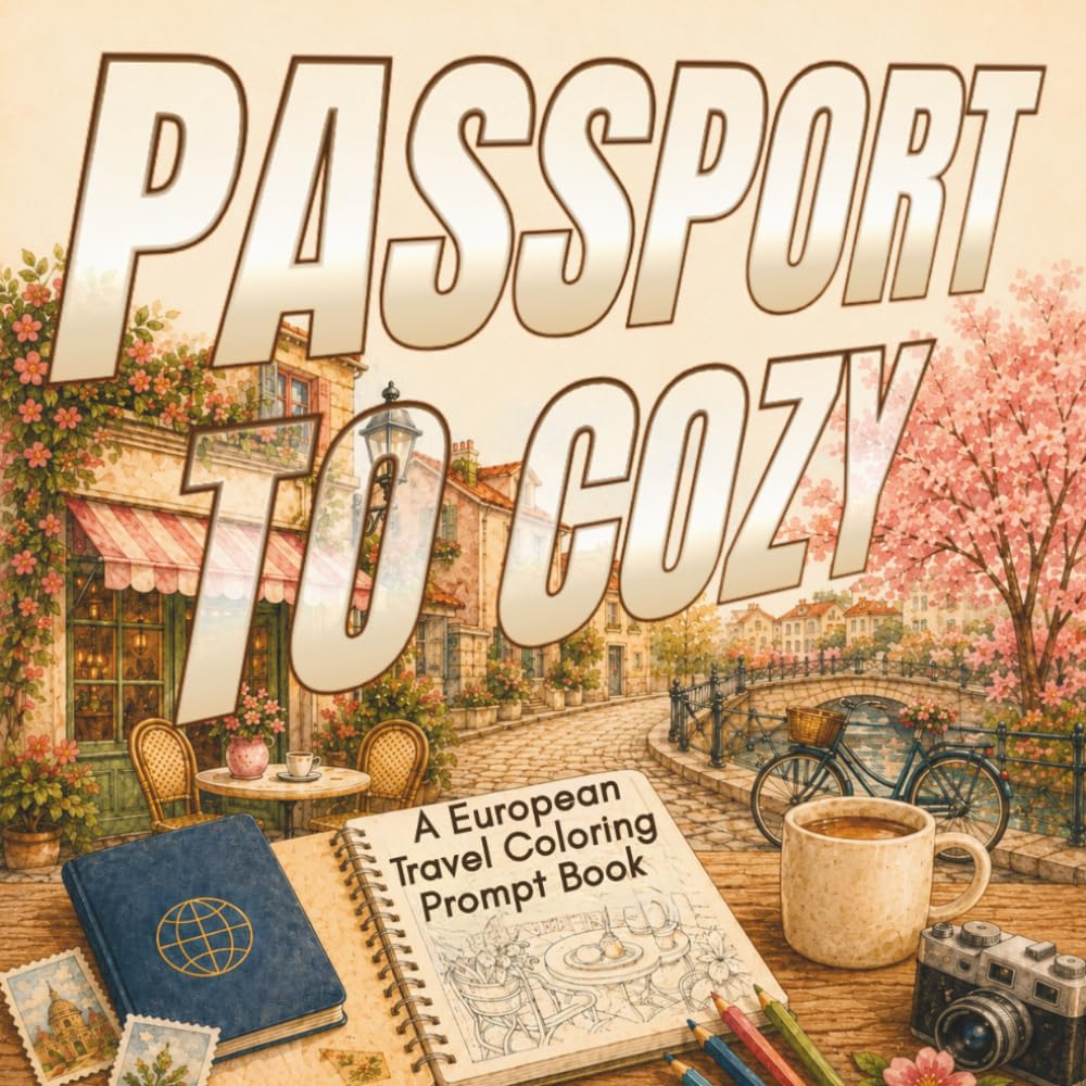 Passport to Cozy: A European Travel Coloring Book for Adults and Teens Featuring 40 Cozy Places and Creative Prompts