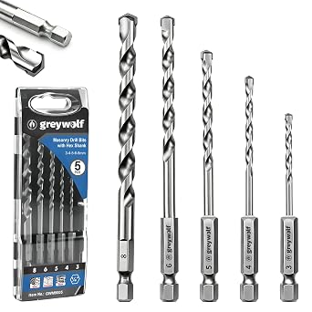 Greywolf Concrete Drill Bit Set Masonry Drill Bit Set Impact Resistant Hex Shank Drills Industrial Carbide Drill Bits for Glass/Brick/Plastic/Cement/Tile (3/4/5/6/8mm) 5 Pieces