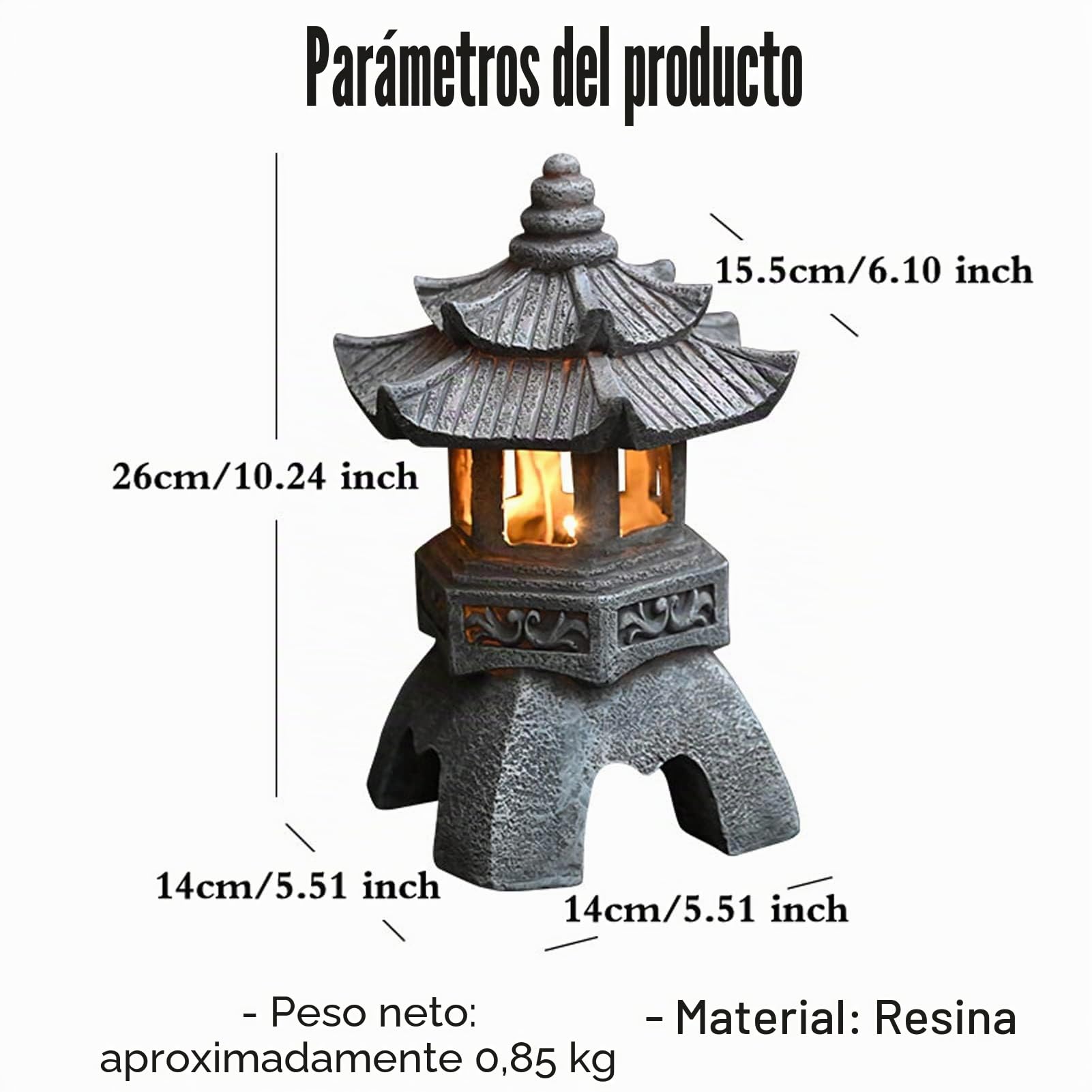 Linterna japonesa para jardín japonesa con adornos solares japoneses Zen - Linterna ornamental para decoración interior y exterior - Lámparas solares para jardín, patio, altura 26 cm, gris