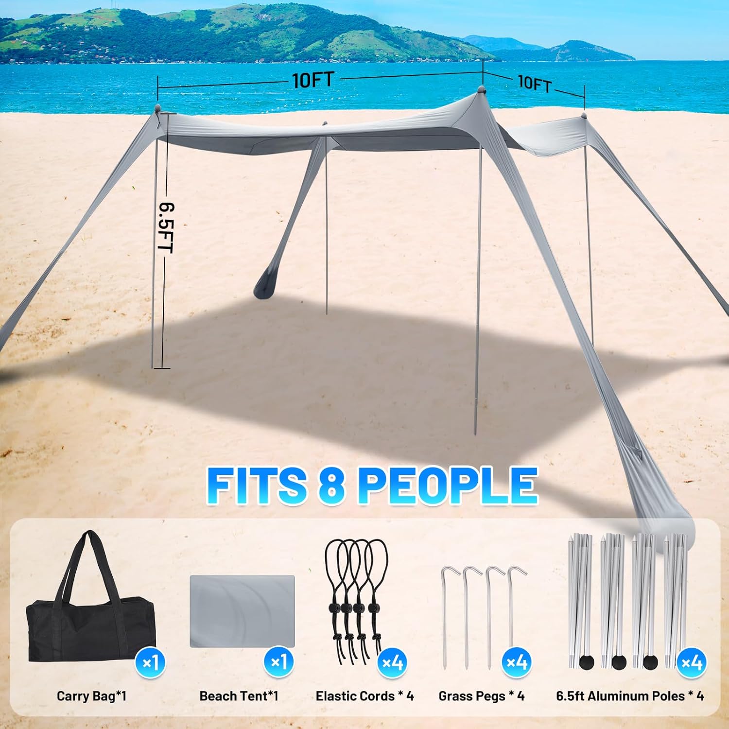 BOTINDO Family Beach Tent Canopy Sun Shade, Pop Up Grande Beach Tent Sun Shelter Stability 4 Poles with Portable Carry Bag Outdoor Shade for Fishing Backyard Camping