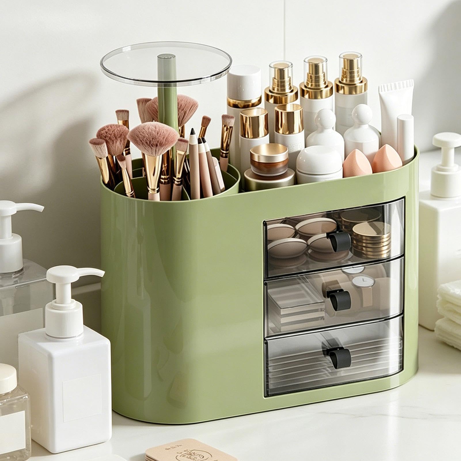 Organizador Cosmético con 3 Cajones de Gran Capacidad | Cosmética con Soporte Elevable para Brochas En Hogar Baño Cómoda Encimera Artículos De Aseo Perfume Y