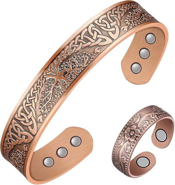 Jeracol Copper Magnetic Bracelet and Ring Set for Men Women,Tree of Life Magnetic Bangle and Magnetic Ring with Strong Magnets,Adjustable Size Brazaletes with Jewelry Gift Box