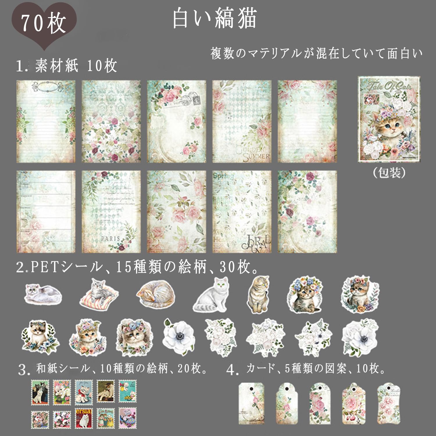 Amazon.co.jp: コラ一ジュ素材 かわいいネコ型素材紙 猫シ一ル