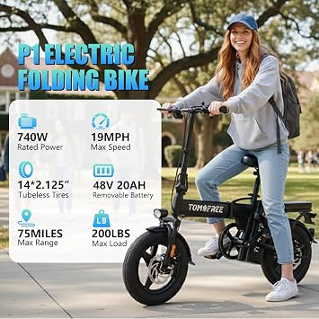 Tomofree P1 Electric Bike for Adult, 48V 20Ah 70 Miles Max Range Foldable Ebike, 20MPH Top Speed, 750W Peak Folding e Ebike, Fat Tire Electric Bicycles for Commute with 2 Seat, Class 2/3 Compliance