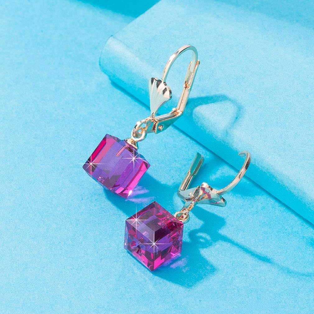 Austrian Crystal Cube Drop Earrings for Women Leverback Dangle Earrings 14K Gold Plated Hypoallergenic Jewelry - Image 5