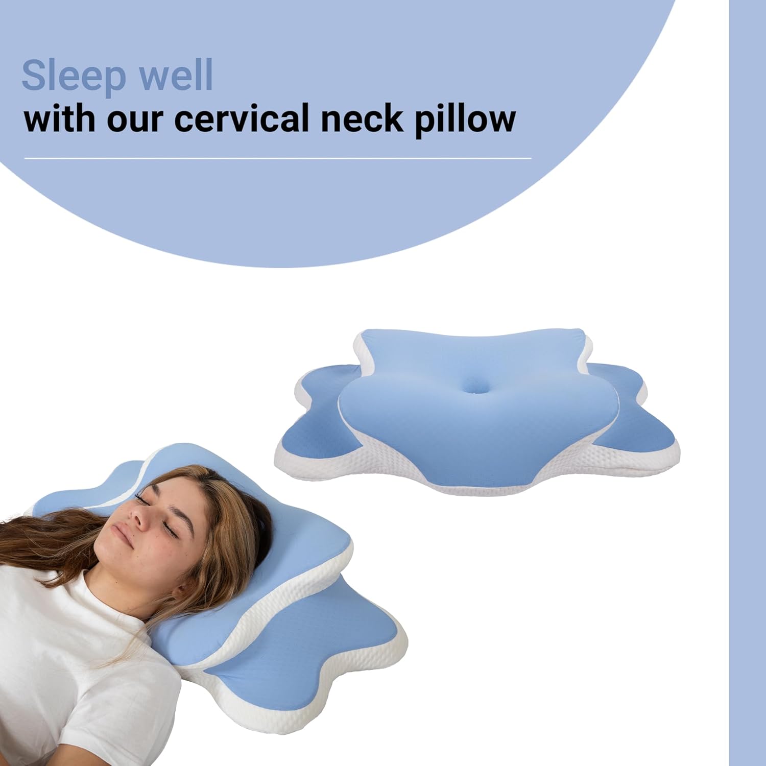 Tesoro Cervical Neck Pillow, Ergonomic Pillow for Neck Pain Relief, Odorless Memory Foam Orthopedic Contour Pillow for Side & Back Sleepers, Breathable & with 2 Washable Covers (Grey/Wht & Blue/Wht)