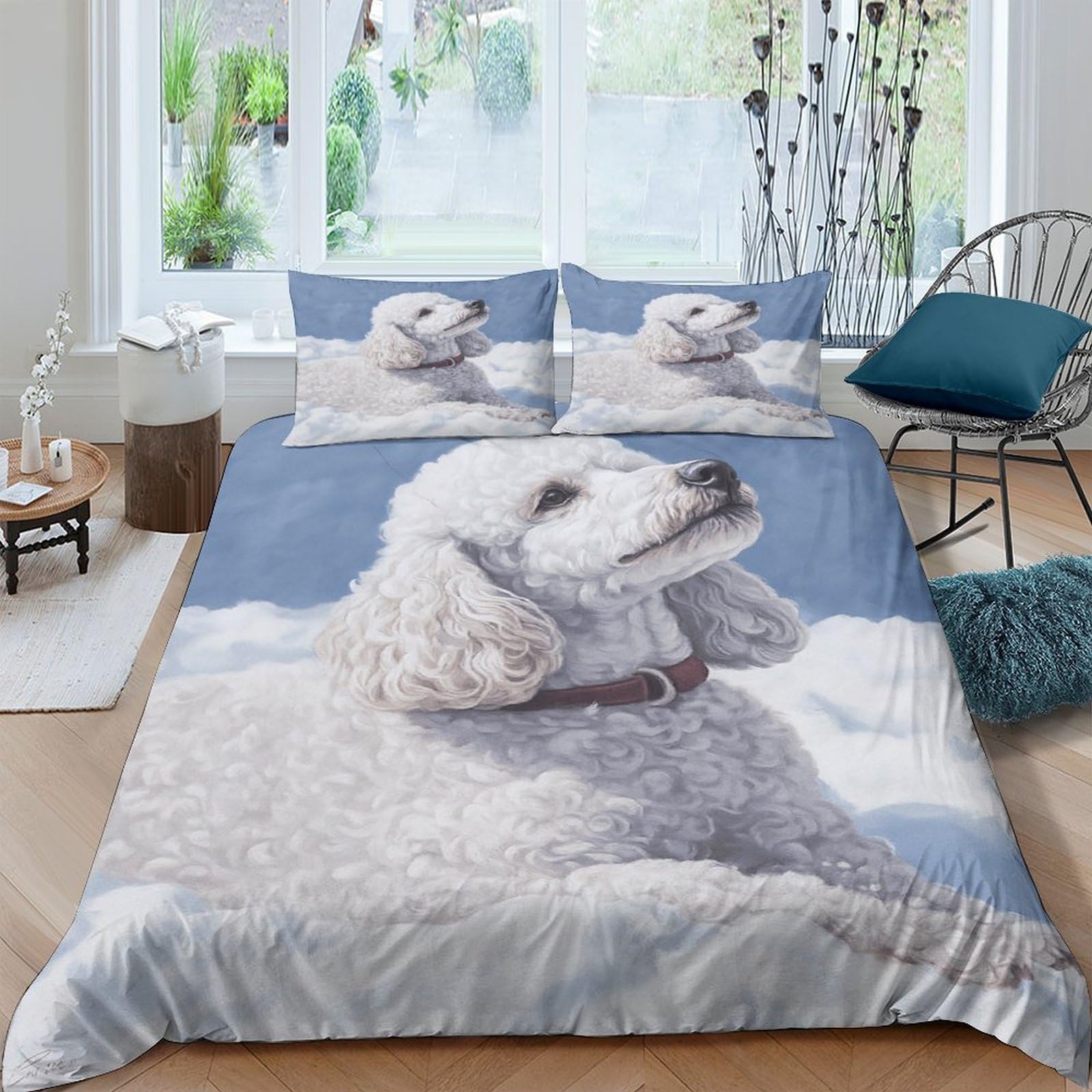 Ctjqhvkz Style-7 3D Printed White Poodle Fitted Sheet Microfiber Soft Breathable Sky Blue Bed Cover For Bedroom Dorm Bed Protection Decor Single（135X200cm）