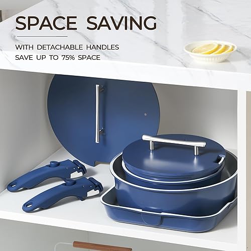 Miniatura 3 de Juego de ollas y sartenes con mango desmontable, juego de 12 utensilios de cocina de cerámica antiadherente con tapas, juego de utensilios de cocina