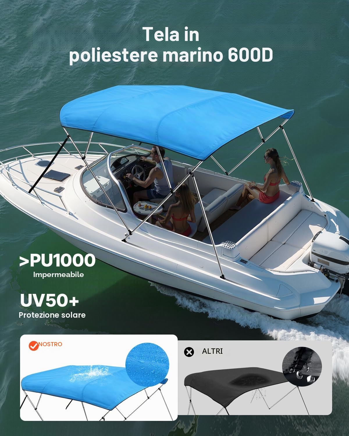 VEVOR Tendalino per Barca a 4 Archi in Poliestere 600D con Telaio in Lega di Alluminio, Tendalino Parasole Impermeabile per Barca con Borsa Portaoggetti, Larghezza 231 a 244 cm Blu Pacifico