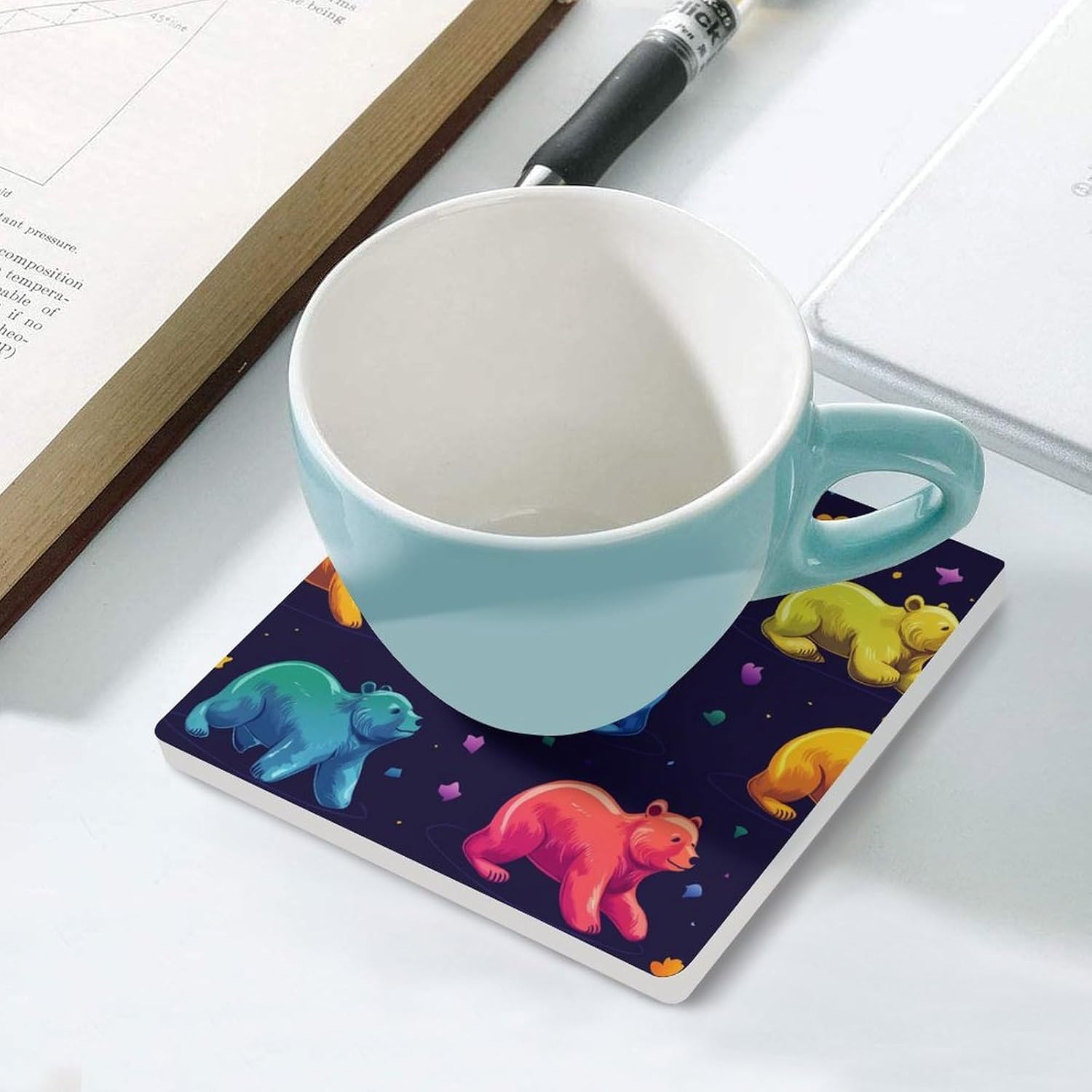 Colorful Bear Coasters for Drinks Square Table Coasters Set Cup Mats with Cork Base
