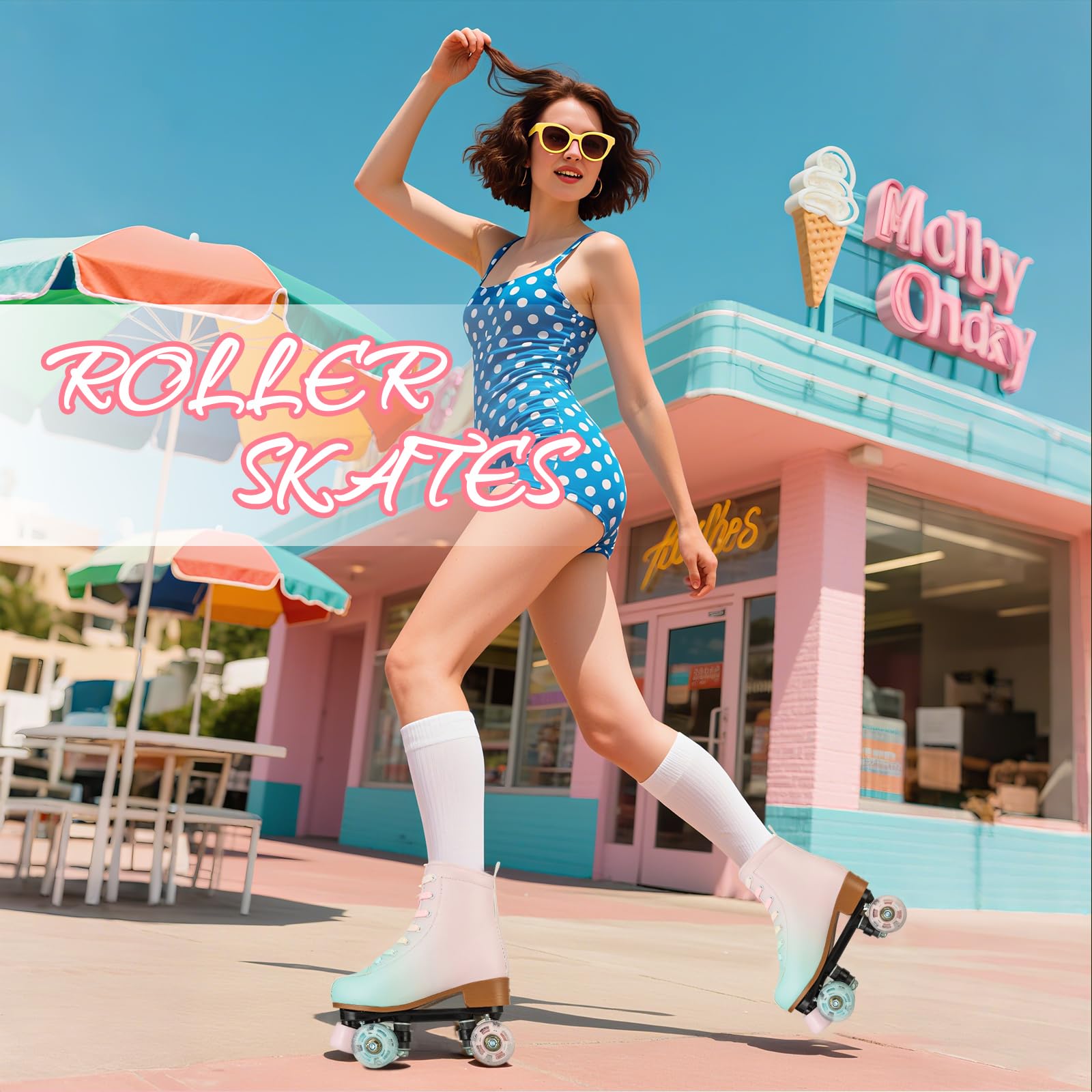 Gets Patins à roulettes pour femme - En cuir synthétique - Quatre roues - Double rangée brillante - Pour intérieur et extérieur