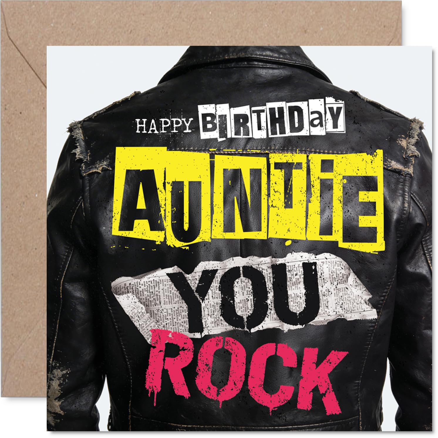 Playful Birthday Card for Auntie - You Rock, Auntie! - Bold Rock-inspired Design with Vibrant Pink and Yellow Accents - 145mm Square, Envelope Included
