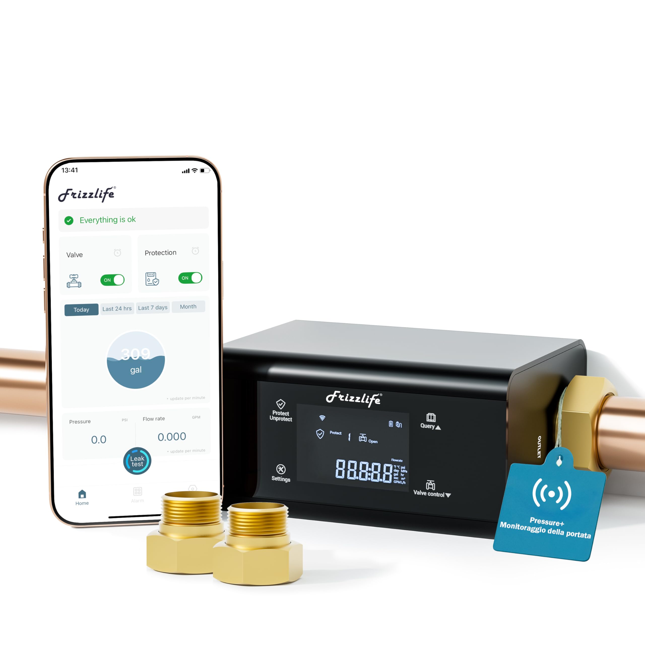 Frizzlife LP365-P - Monitoraggio intelligente dell'acqua con chiusura automatica, protezione dalle perdite ultrasoniche (0,04 l/min), Wi-Fi/app, controllo flusso/temperatura/pressione, per tubi da 3/4