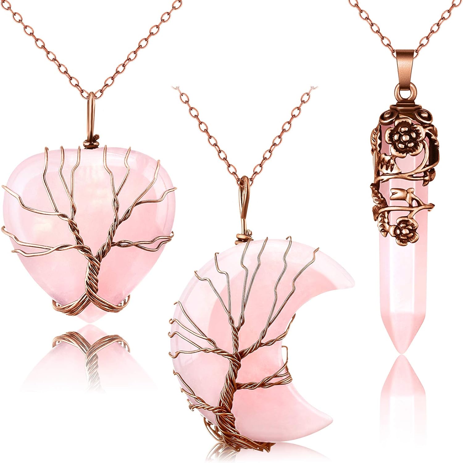 3 Pieces Hexagonal Crystal Pointed Quartz Natural Healing Necklaces Tree Wire Wrapped Moon Heart Necklace Flower Wrapped Antique Quartz Reiki Quartz Gemstone Bronze Copper Wire Wrap