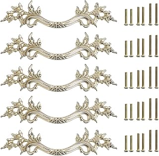 JuxYes Pack of 5 European Style Vintage Cabinet Handles Pulls, Antique Decorative Dresser Drawer Pulls Retro Drawer Pull Handles Knobs for Cupboard Cabinet (Antique Silver)