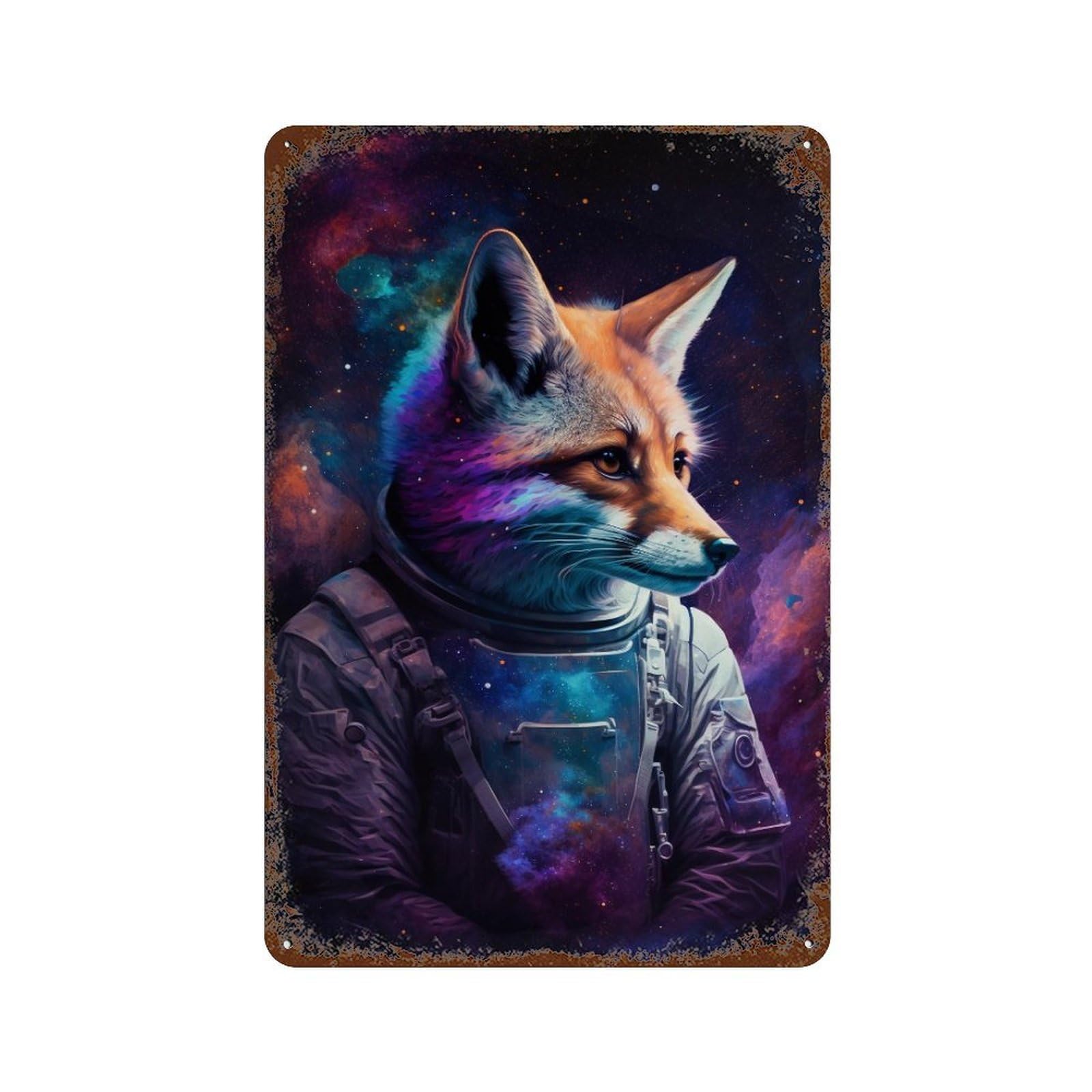 Rust Effect Cosmic Fox Astronaut Art Print-8 Retro Metal Sign 11.8"x7.9", Novelty Wall Decor for Bistro, Counter And Cafe Decor