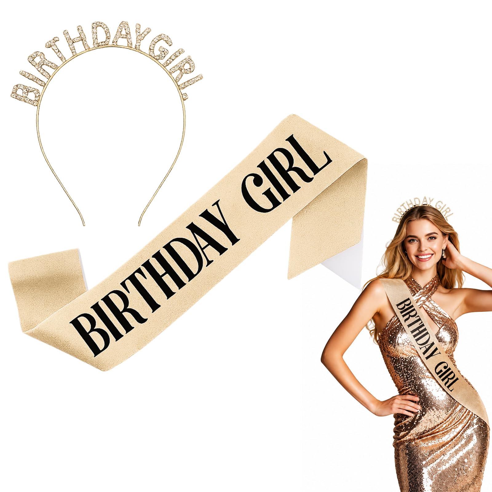 RubyTint Birthday Sash And Tiara Set - Shimmering Crown Headband With Coordinated Birthday Sash, Lightweight Secure Fit Party Accessories For Women Girls Princess Queen Celebration Photos (Gold Girl)