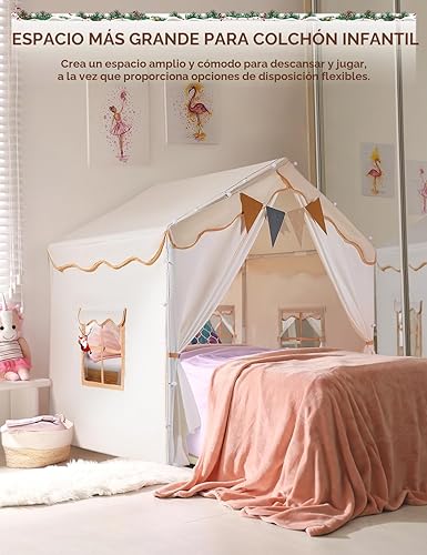 Miniatura 3 de Besrey Tienda de campaña para niños 2 en 1 con alfombrilla acolchada y luces, casa de juegos grande para niños con 2 puertas y 4 ventanas