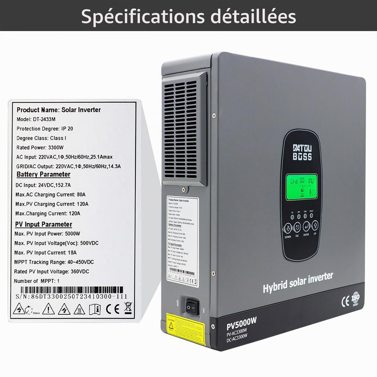DATOUBOSS Onduleur Hybride Solaire 3300W à Onde Sinusoïdale Pure, Convertisseur 24V DC vers 230V AC avec Régulateur 120A MPPT, Protection BMS, pour Batteries Plomb-Acide & Lithium, Système Off-Grid