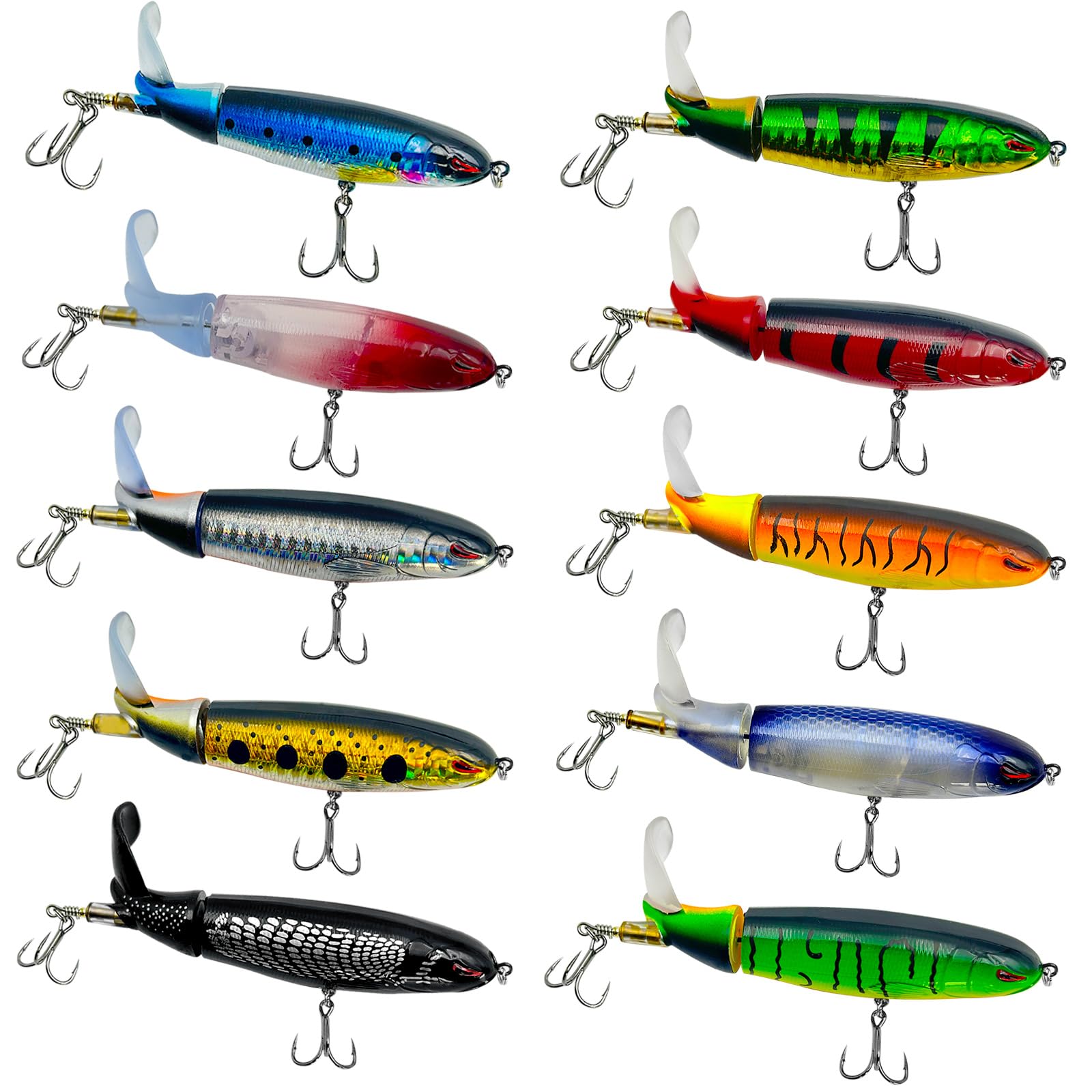 GEBDMA Topwater Fishing Lures Kit For Bass - 10cm Popper Lures With BKK Treble Hooks, Floating Plopper Lures (10 Piece Kit)