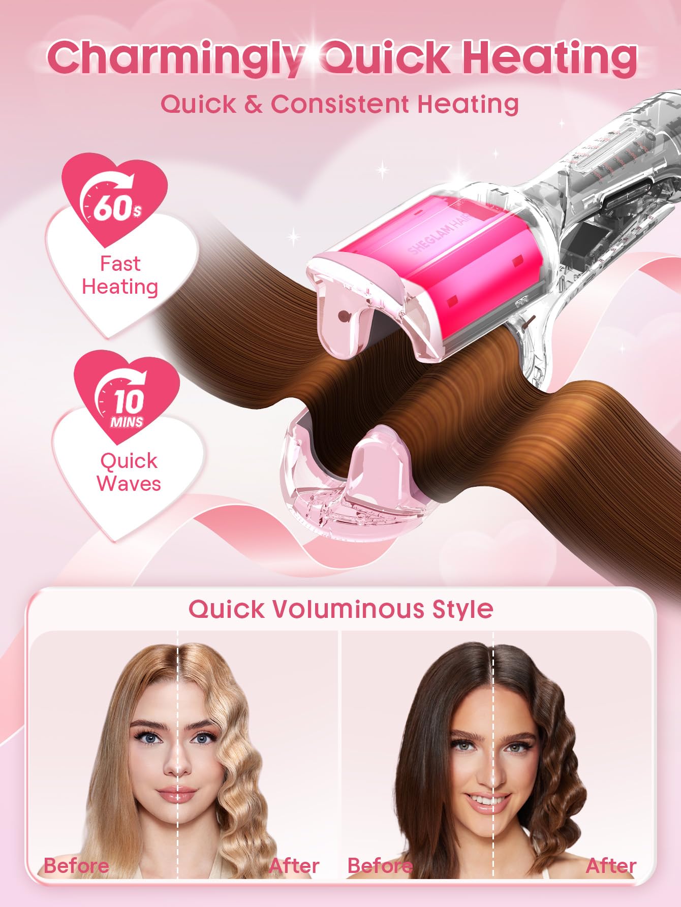 SHEGLAM Rizador Doble Barril Rosa - Ondas Beach Waves, 5 Temperaturas, Anti-Quemaduras, Doble Voltaje (25mm)