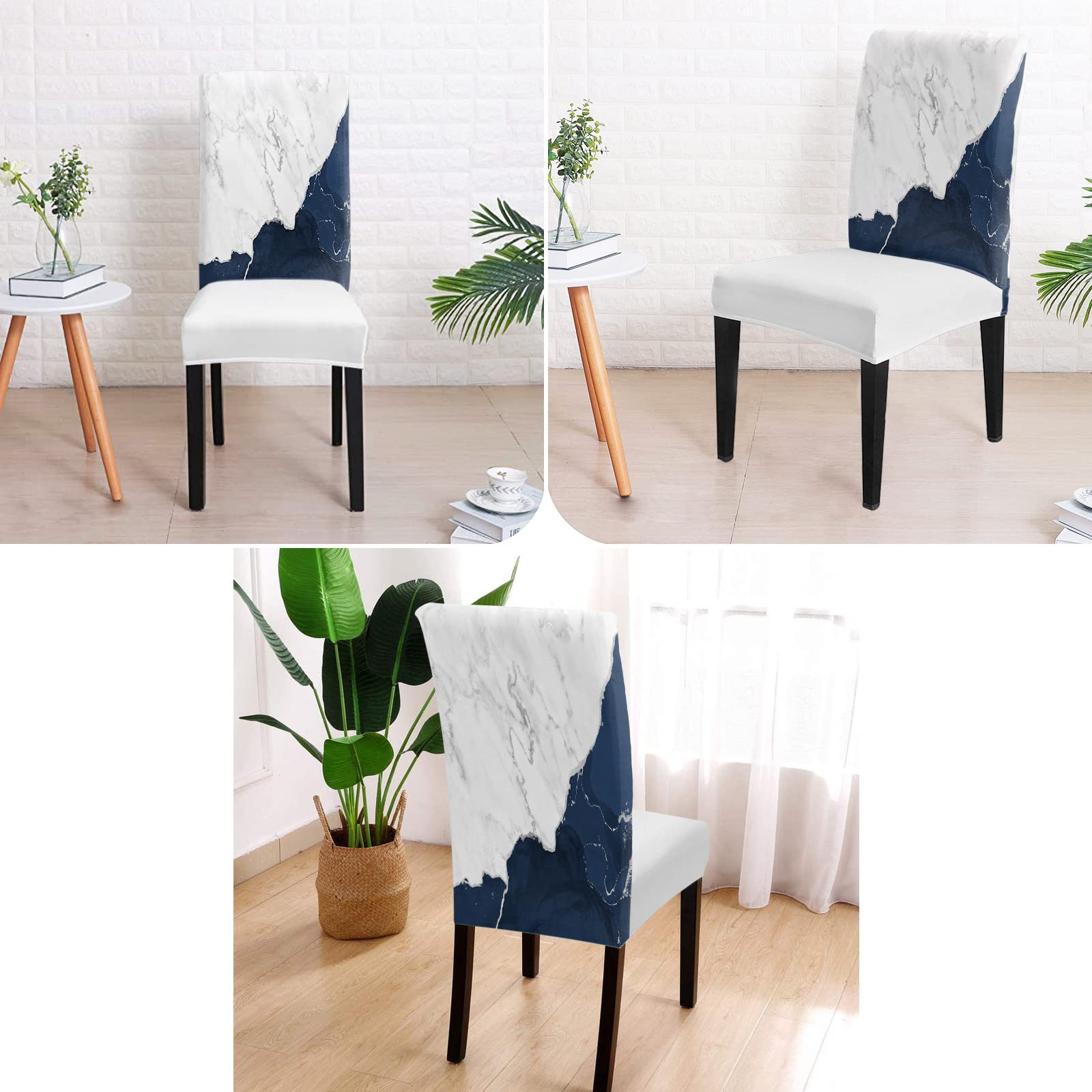 Marble Navy Blue Dining Chair Cover Set of 4,Stretch Chair Protectors Slipcover,Spandex Kitchen Chair Seat Back Cushion Slip Cover for Dining Room Party,Hotel Aesthetic White Gray Modern Silver