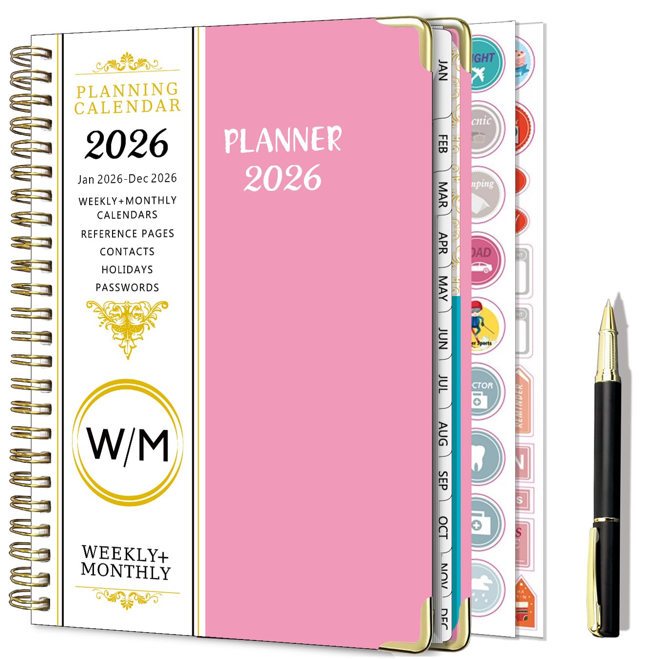 NEYSA Diary 2026 Week to View A5 Academic Diary January-December 2026 (12 Months) Planner with Pen, Plan Stickers,Monthly Tabs, Pocket (PINK)