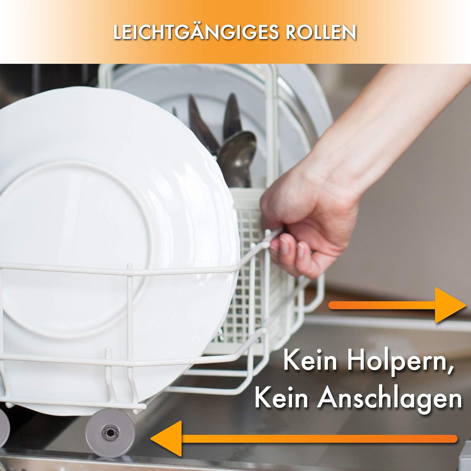 Image showing a dishwasher basket smoothly rolling in and out with new wheels