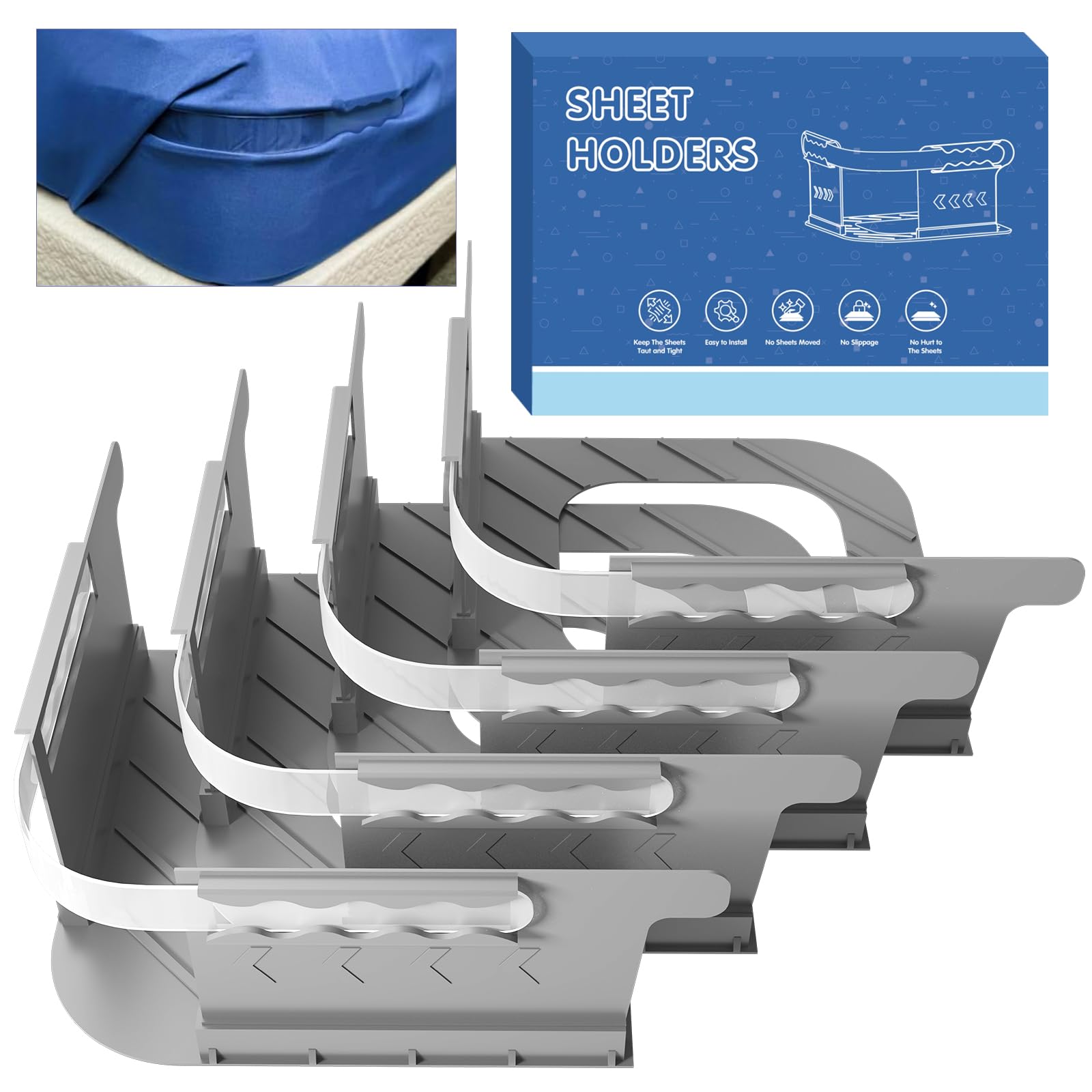 Ytopaa 4-Pack Lock Sheet Holders Set - Secure Bed Sheets Firmly in Place?Sheet Secure Lock Fasteners for No More Loose Sheets?Fits All Sheet Sizes?Easy Installation Bed Fitted Sheet Holder (Grey)