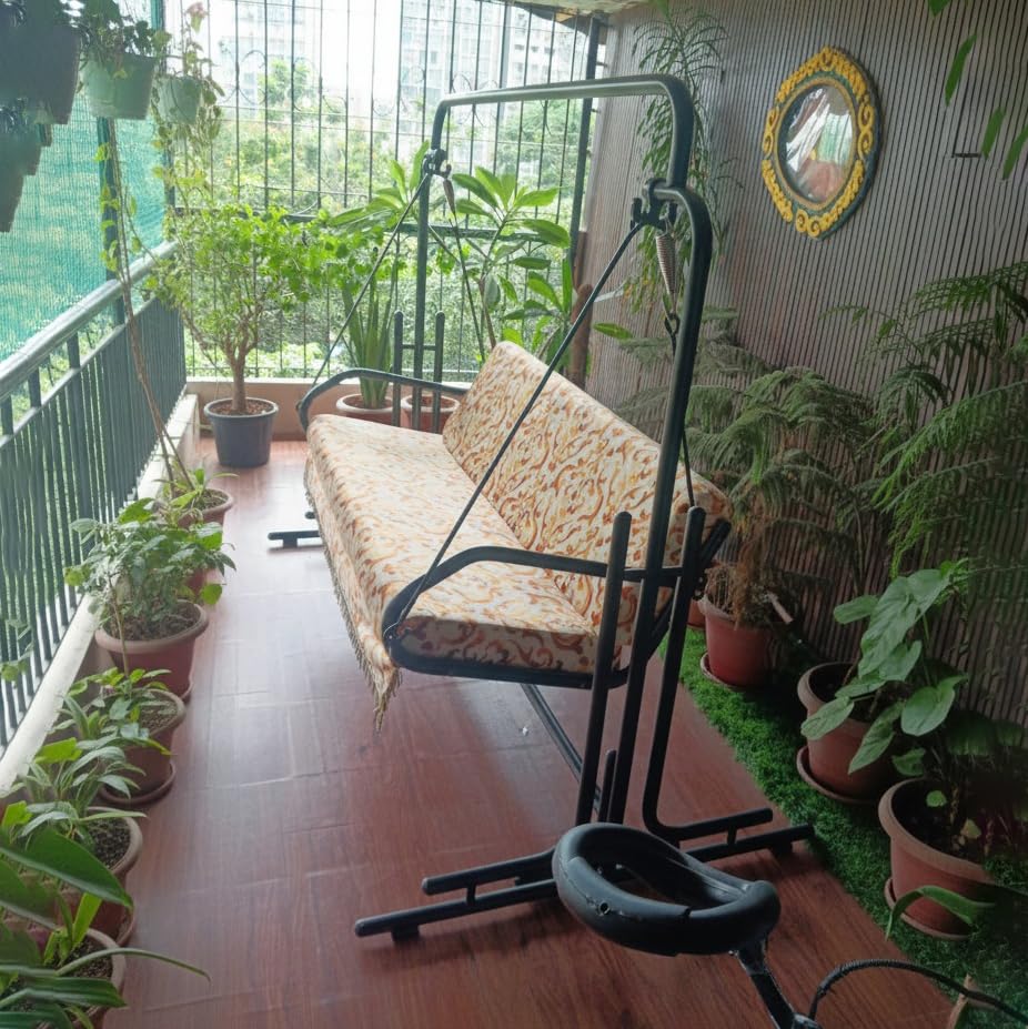 Image of Metal Three Seater Swing with Stand with Cushion (Black)