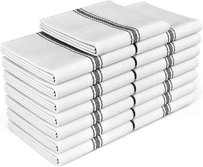 Zeppoli Paños de Cocina y Tea Towels de Algodón – Suaves, Súper Absorbentes, Reutilizables y Ecológicos – Diseño Clásico (Blanco con Raya Negra, Paquete de 15)