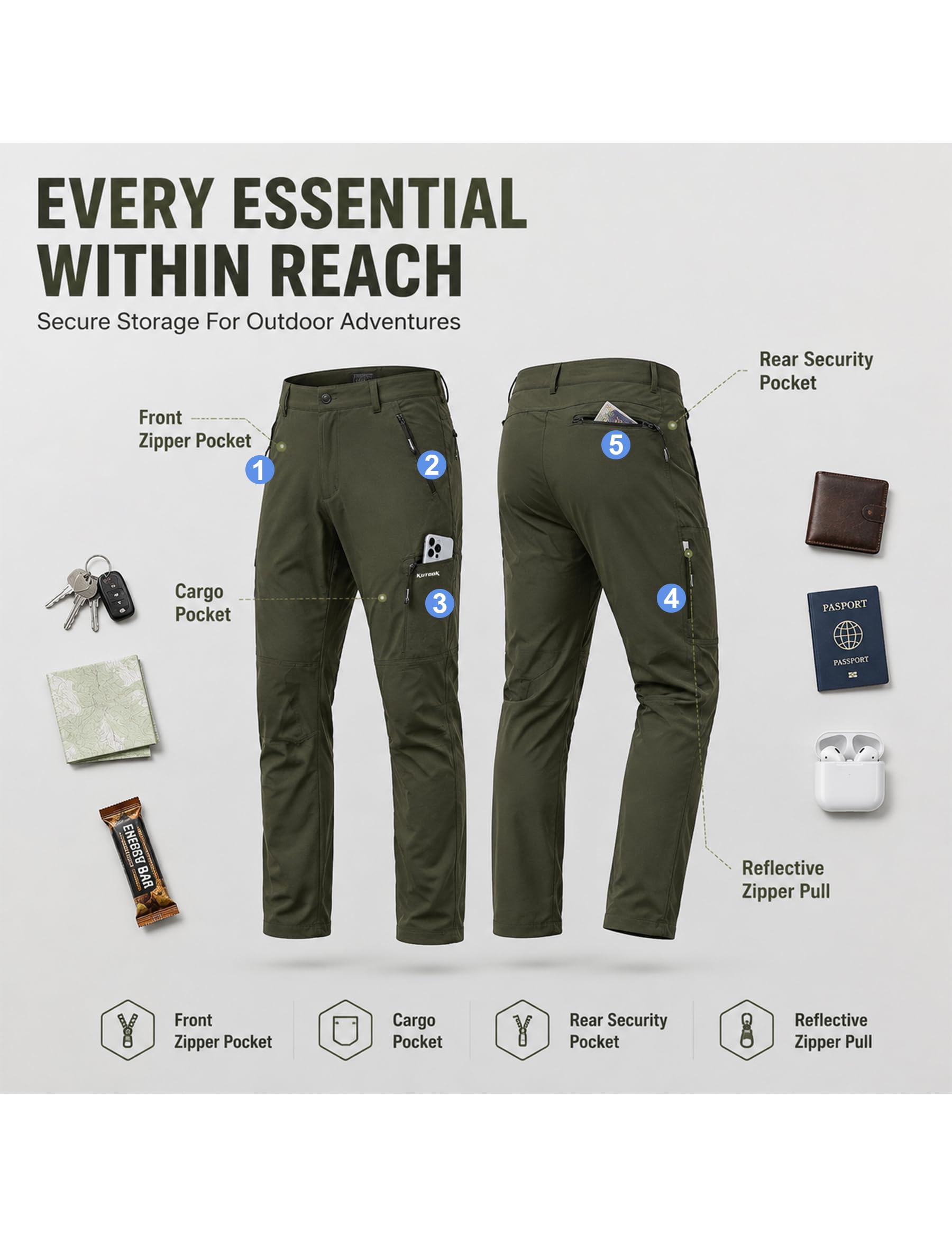 KUTOOK Pantalón Trekking para Hombres Pantalones Tácticos Senderismo Elástico Respirante Cortaviento Ligero Senderismo con 5 Cremalleras Bolsillos LP626