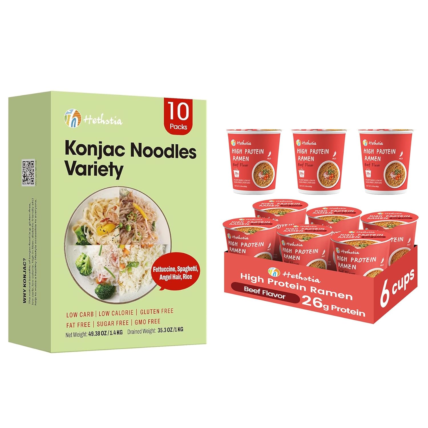 Pack Variedad Fideos Konjac Hethstia - Fettuccine, Angel Hair, Spaghetti, Rice