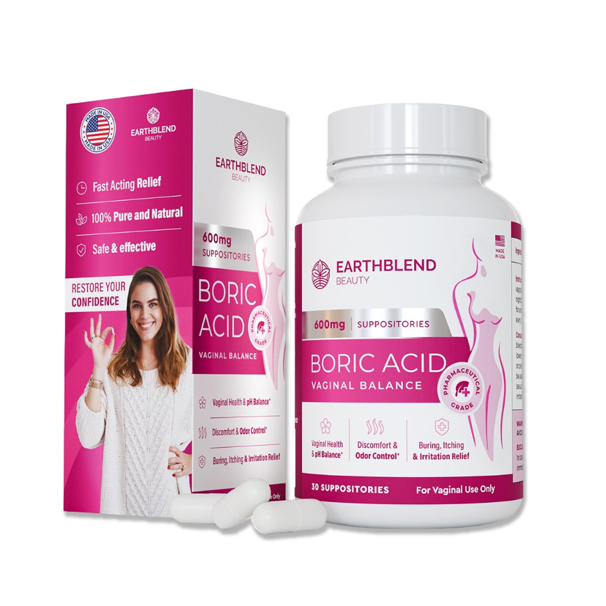 Boric Acid Suppositories for Women - Vaginal Pills - Promotes Vaginal pH Balance, Healthy Flora, Odor Control β Made in The USA - 600mg, 30 Count