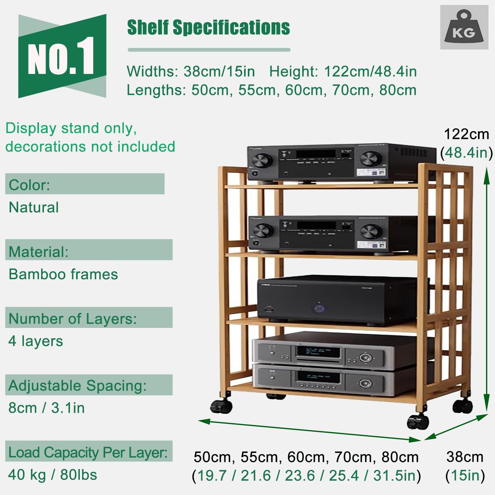 Mensola multimediale Regolabile a 5 Ripiani per TV e Lettore Dvd – Mobile con vano Stereo e Contenitore per vinili, Supporto HiFi per decoder, mobili per Home Theater (60 x 38 x 123 cm)